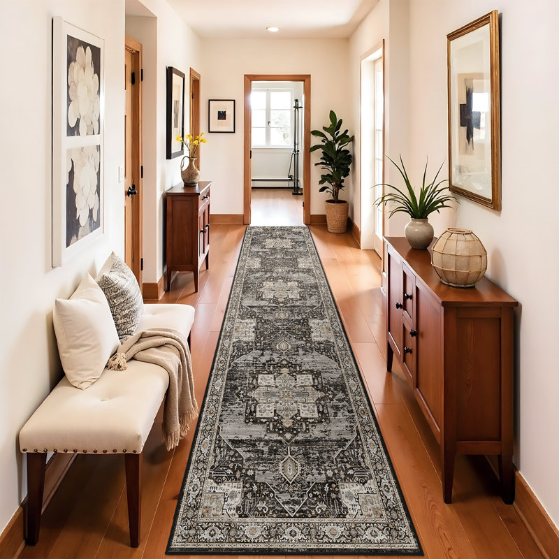 Hallway 3x12 Runner Rugs - Large Boho Rugs for Living Room Stain Resistant Carpet Vintage Tribal Rugs for Bedroom Kitchen Bathroom Non Slip Backing Home Decor Floor Decoration Mat 3X12 Black