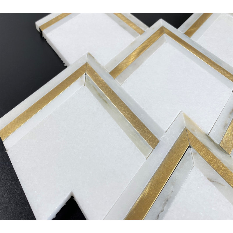 Thassos White Marble & Gold Metal Diamond Geometric Mosaic Wall Tile, Calacatta Gold / Gold Aluminum