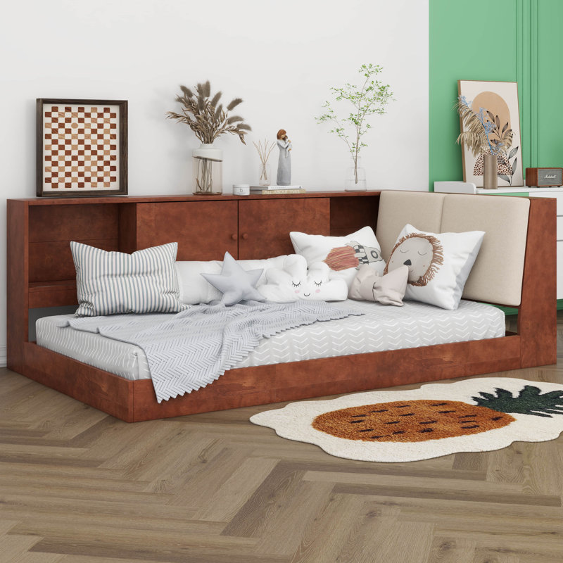 Lit de jour simple avec bibliothèque de rangement et tête de lit tapissier, lit de plancher avec station de charge, Noyer