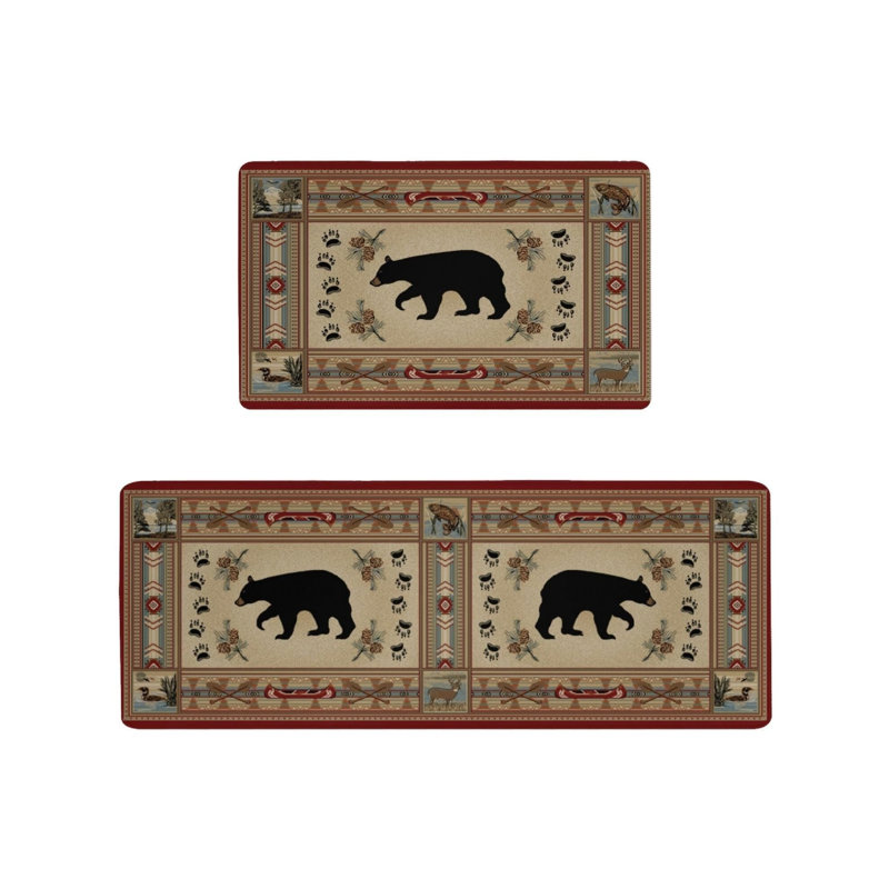 Tapis de cuisine en flanelle d'ours noir beige, ensemble de 2 tapis de décoration rustique pour la cuisine et le chalet