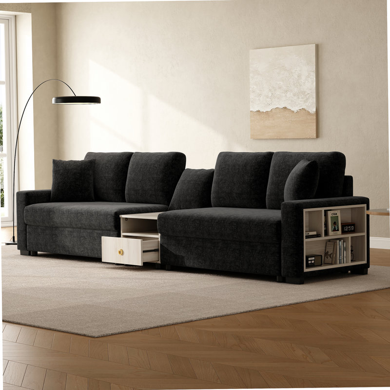 Canapé modulaire en chenille de 127,9 po avec accoudoirs de rangement et console centrale pour le salon, Black Chenille