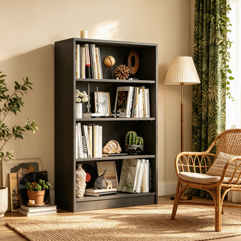 Bibliothèque grise moderne à 4 étages en panneau de fibres à densité moyenne de 48 pouces, étagère de rangement ouverte réglable avec surface en mélamine résistante aux égratignures, bibliothèque pour le salon, la chambre à coucher et le bureau