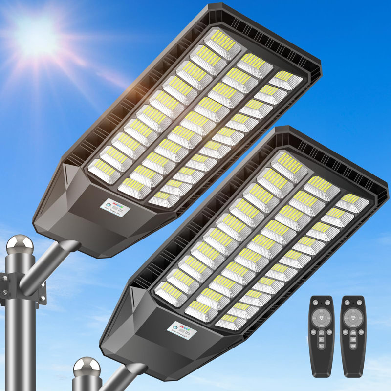 Home Outdoor Led Street Light  (set Of 2)  With Solar Panels Dusk To Dawn With Motion Sensor Remote Control 4800w 480000 Lumens Waterproof For Parking Lots Backyard