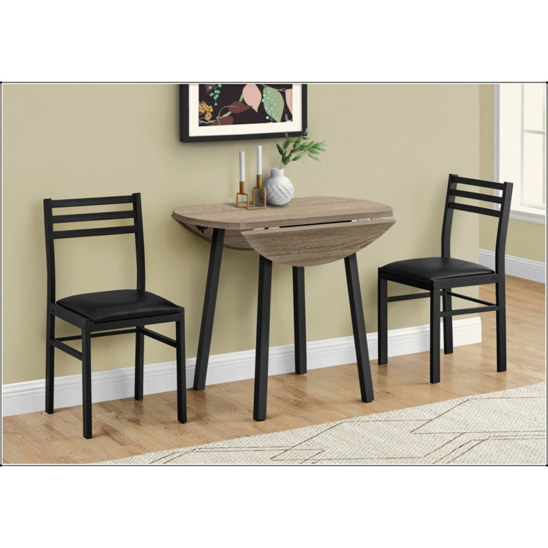 Ensemble de table de salle à manger, ensemble de 3 pièces, petit, abattant 35 po, cuisine, métal noir, stratifié brun, contemporain, moderne