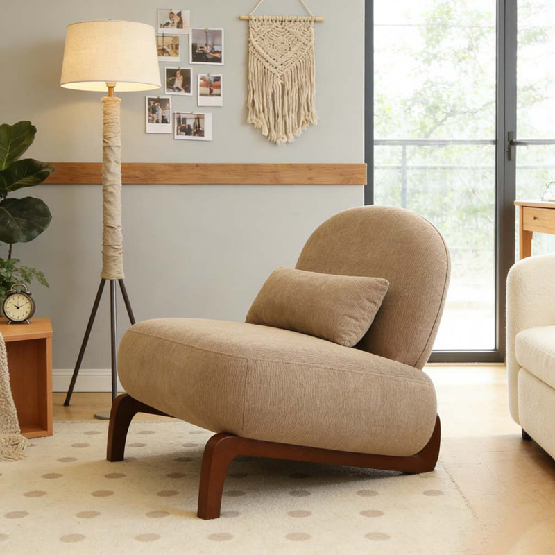 Cute Accent Chair with Solid Wood Legs, Fabric, Camel