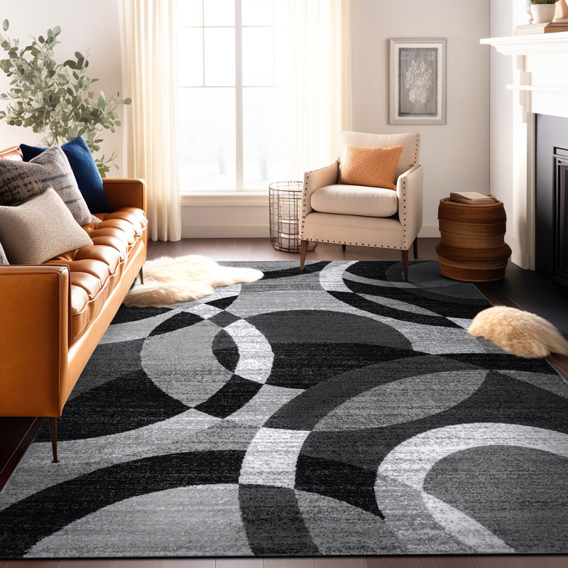 Tapis gris / noir / ivoire à motif géométrique tissé Mehul, Rectangle 6 pi 6 po x 9 pi