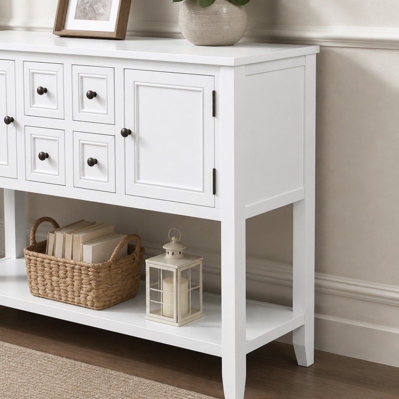 Console de rangement rétro avec quatre petits tiroirs et une tablette inférieure, Blanc