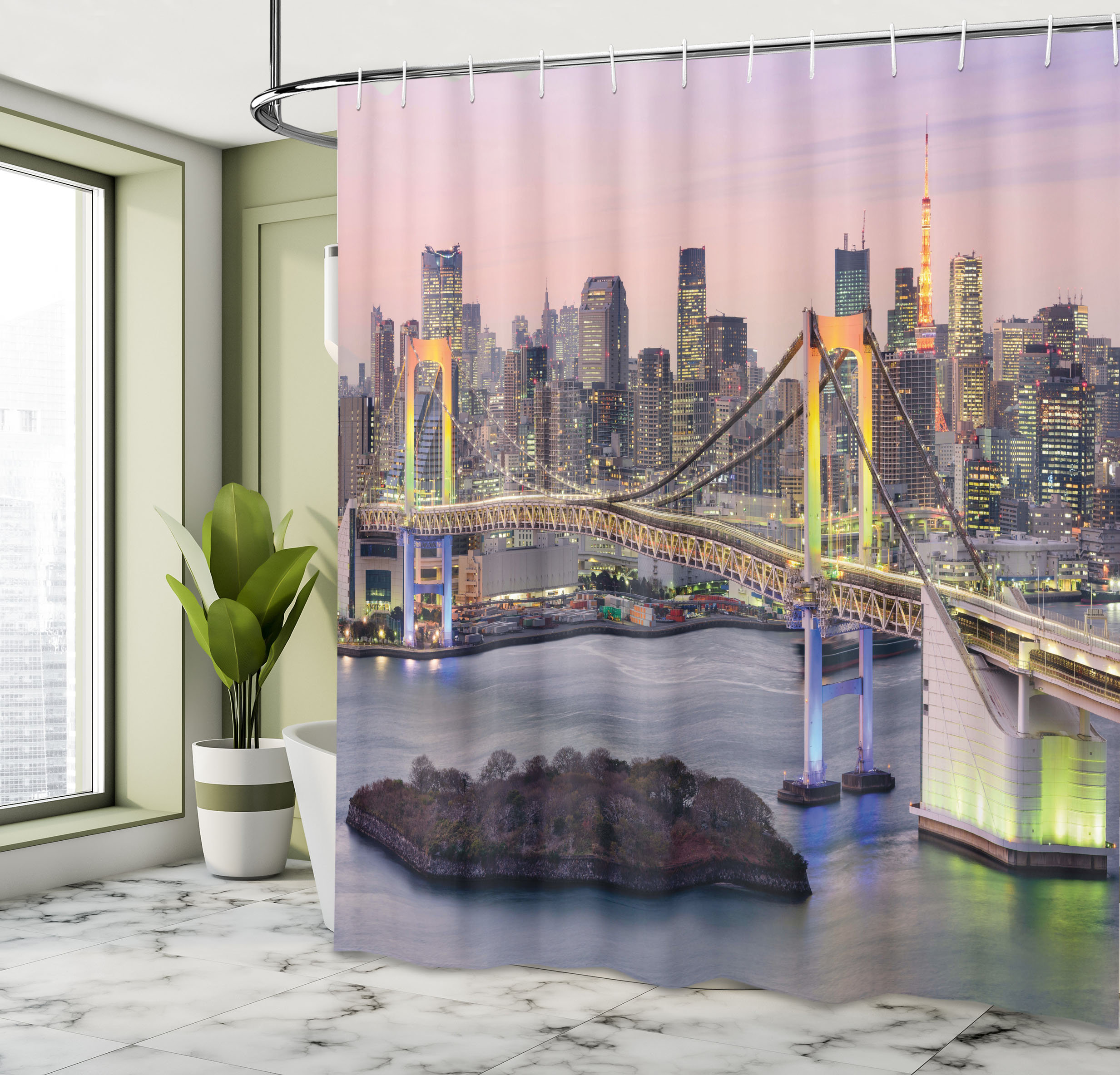 East Urban Home Cityscape Shower Curtain Tokyo Japan Bridge Multicolor East Urban Home Size: 70\, image size:2466x2368