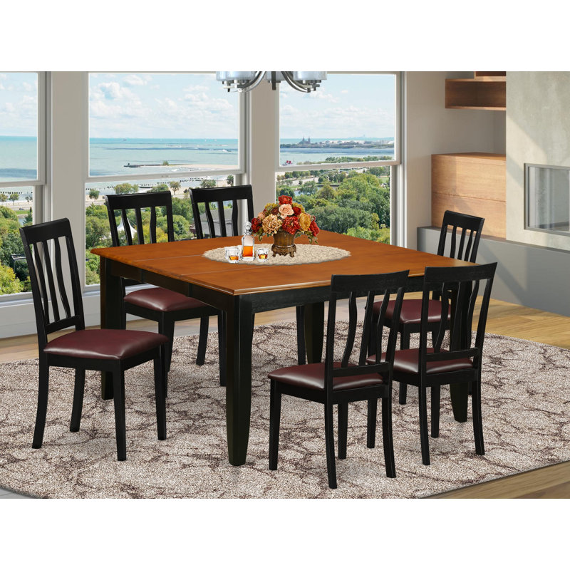Ensemble de table et chaises de cuisine 7 pièces comprenant une table de salle à manger carrée avec rallonge papillon et 6 chaises de salle à manger en similicuir, noir et cerise, 54 x 54