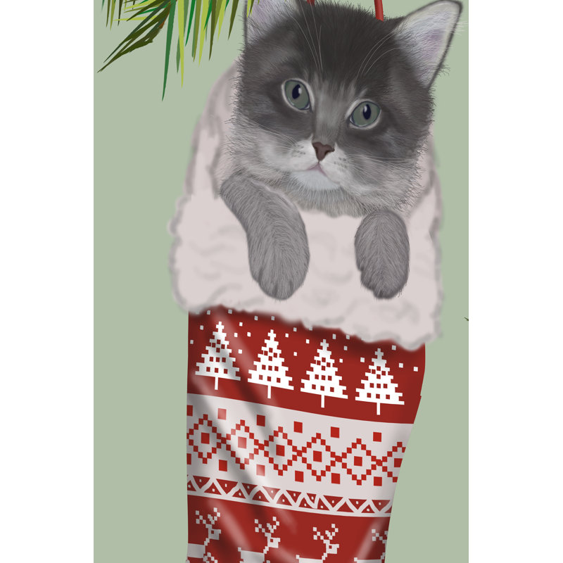 Grey Kitten In Christmas Stocking by Fab Funky - Wrapped Canvas Painting, 76cm H x 51cm W
