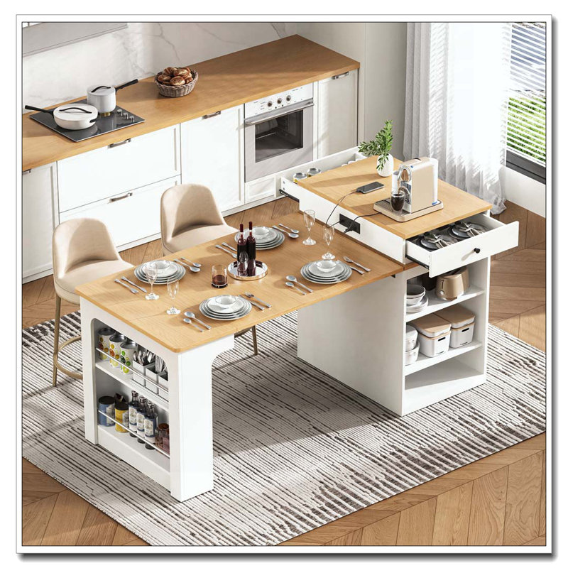 59.5"Kitchen Island With Extendable Dining Table, Kitchen Storage Table With Double-Sided Storage, Kitchen Island With 2 Drawers, Power Outlet, Side Open Shelves, For Kitchen