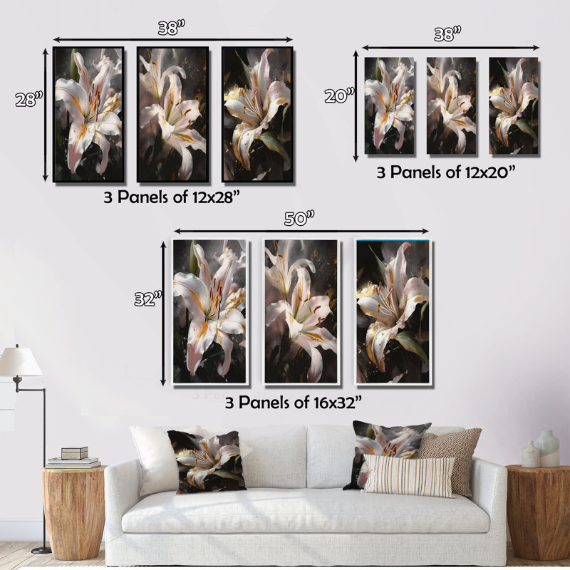 «White Graceful Lilies», 3 pièces, Toile tendue, H 40 po x l 60 po