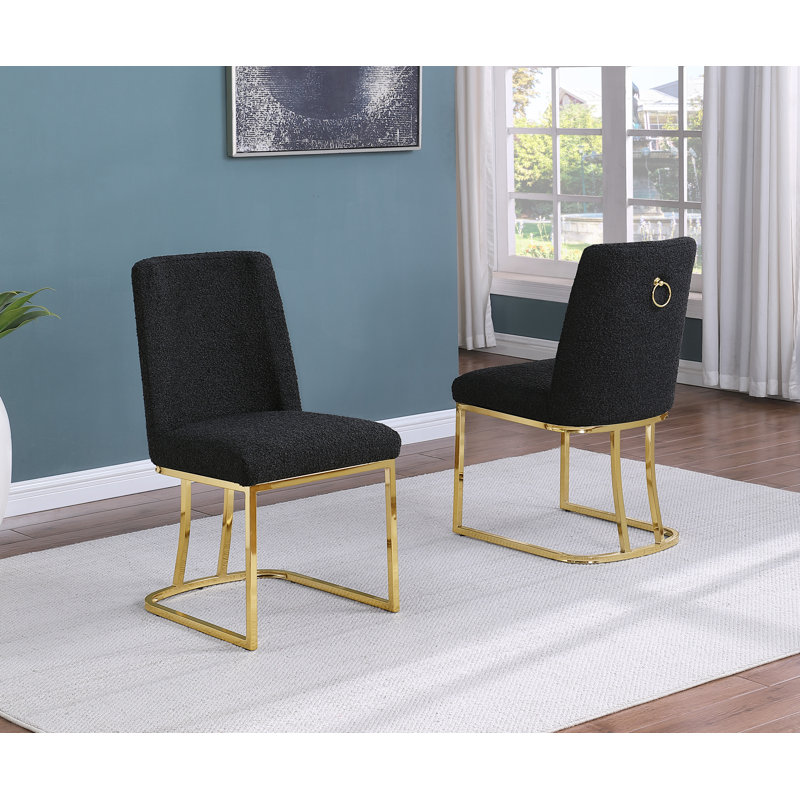 Minimal Side Chairs With Boucle Fabric Base, Black, Gold