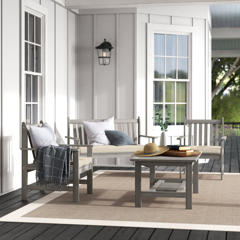 Joliet Acacia 4 - Person Patio Conversation Set with Cushions, Gray Wash Frame/White Cushion