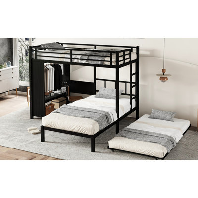 Lit superposé simple au-dessus de noir en métal avec rangement intégré, rétractable sous le lit gigogne, bureau de lecture pliable et conception silencieuse, idéale pour les chambres à coucher avec bureau intégré