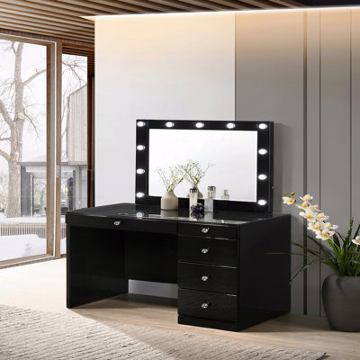 1 coiffeuse de maquillage avec plateau en verre et 5 poignées en cristal noir