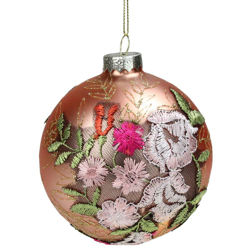 Pink Floral Applique Glass Ball Christmas Ornament with Gold Glitter