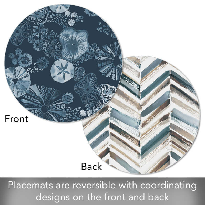 Tidal Shells Blue and White Round Reversible Plastic Placemats