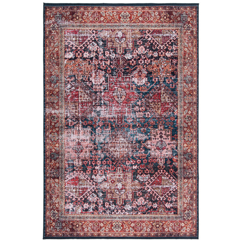 Tucson Vintage Look Machine Washable Non-Slip Area Rug in Red, Navy & Beige, Rectangle 122 x 183 cm