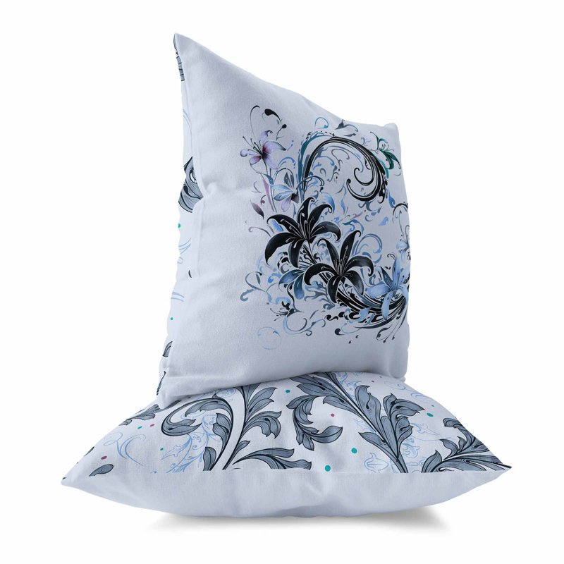 Coussin décoratif réversible intérieur / extérieur Petal And Swirl, Bleu / floral noir, H 18 po x l 18 po
