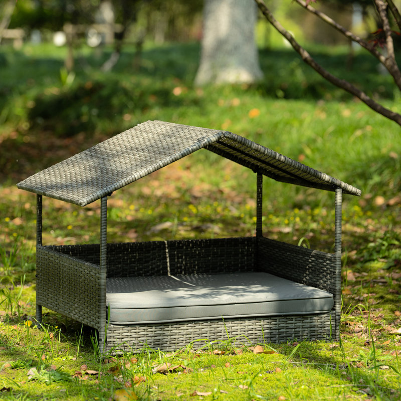 Lit pour animal de compagnie, mobilier de patio avec auvent, structure en métal, pe de haute qualité, coussin confortable de 2 pouces, surélevé pour garder au sec, convient pour la piscine et les tubes intérieurs pour éviter la saleté