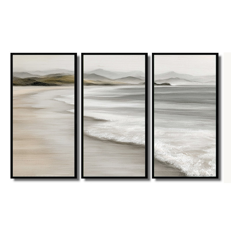 Ligne de rivage océanique au Mexique - ensemble d'art mural plage, 28" H x 36" W, Reproduction avec cadre flottant, Noir