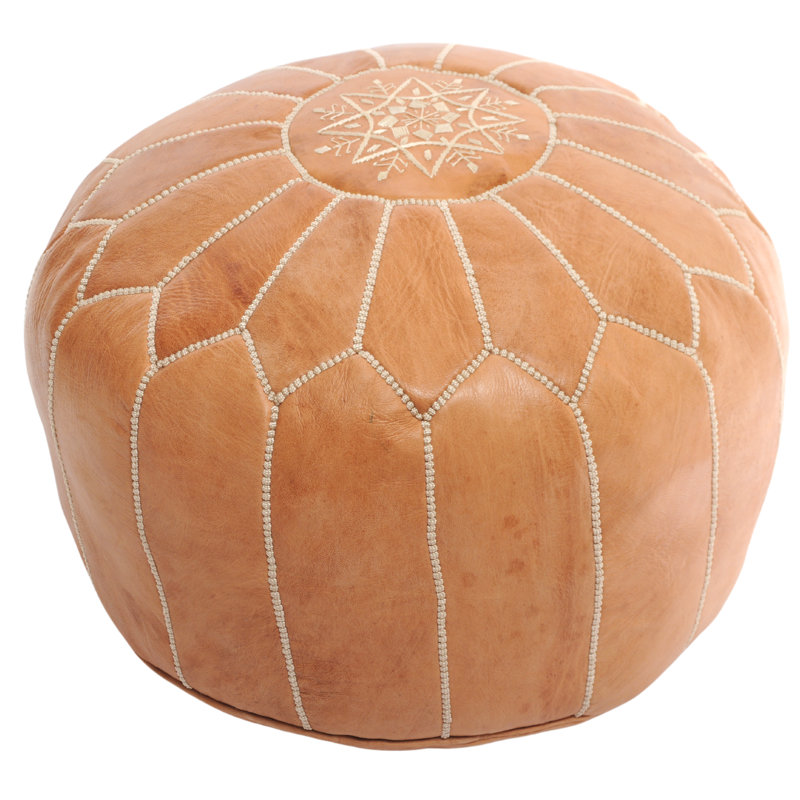 Upholstered Pouf, Morrocan Leather Tan, Tan