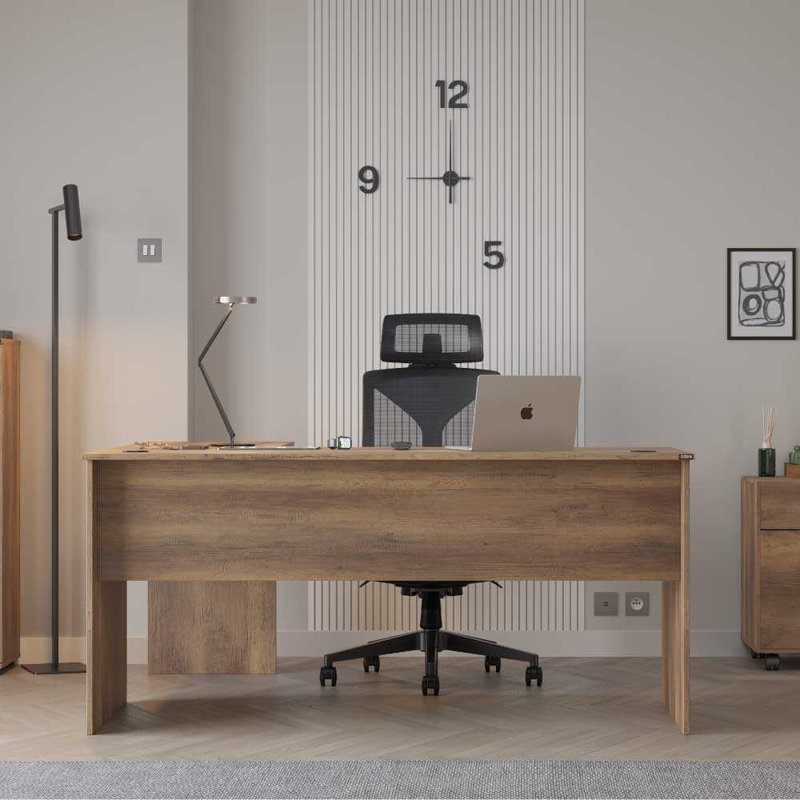 Bureau d'étude moderne en noyer de 63,0 po x 29,5 po x 56,7 po | Panneau de particules revêtu de mélamine à 100%, conception murale | Espace de rangement supplémentaire, élégant et fonctionnel pour le bureau personnel, finition brune contemporaine