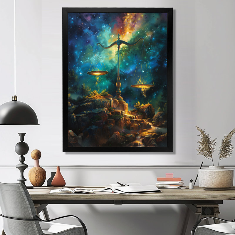 «Blue Balance» Astrology Cosmic Coopération - Décoration murale astronomie Balance, H 12 po x l 20 po, Cadre simple noir