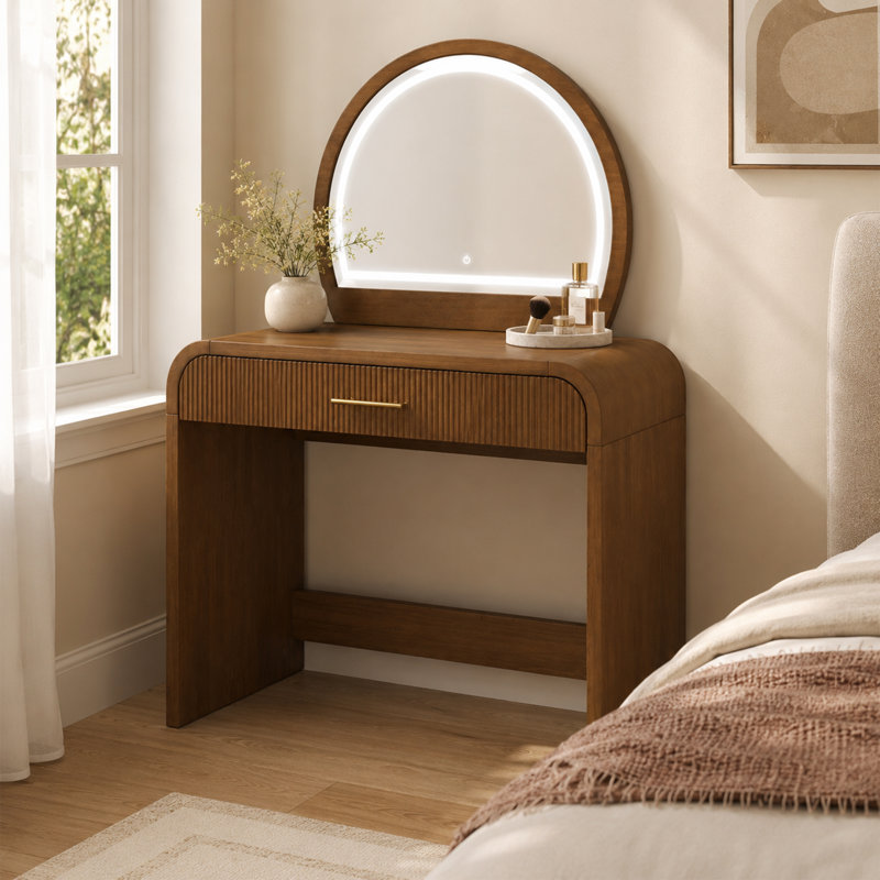  Coiffeuse en bois d'hévéa moderne avec miroir tactile et fonction convertible, Brown