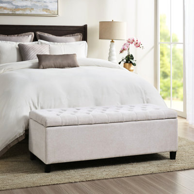 Banc de rangement avec dessus à fermeture en douceur - pieds en bois massif, largeur 47,61 po, bouton de revêtement naturel, capacité de 400 lb, tissu