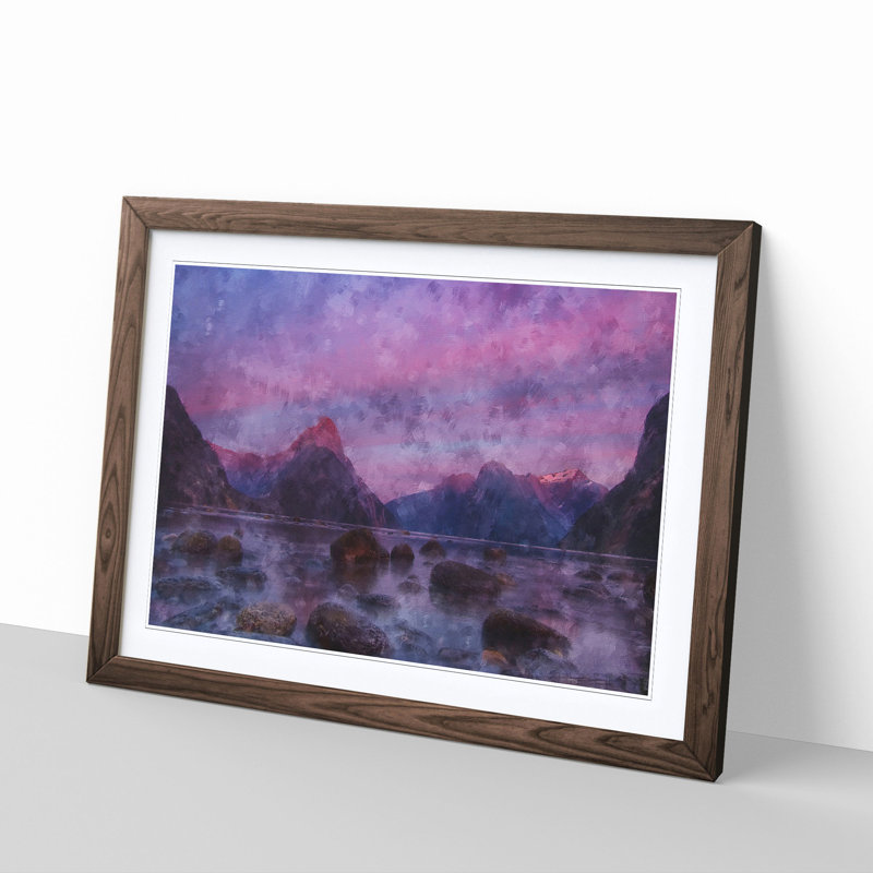 Rocks at the Milford Sound Fiord - Picture Frame Painting Print, Walnut Framed, 45cm H x 63cm W x 2cm D