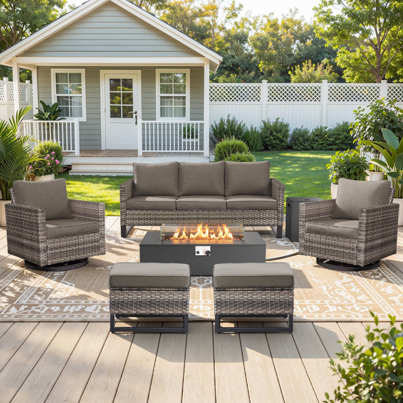 Hansencamp 6-Piece All Weather Wicker Patio Conversation Set With Swivel Gliders, Ottomans And Split Fire Pit Table, Gray