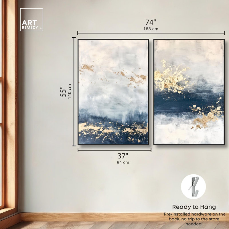 «Gilded Coastal Calm Blue Art», ensemble de 2 impressions sur toile par , H 55 po x l 37 po, Noir