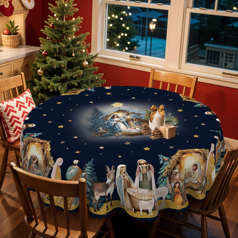 1pc Christmas Themed Print Tablecloth, Round/Rectangular Table Cloth, Mantel Para Mesa De Comedor, Xmas Decor, Holiday Party Indoor Dining Decor, Round Rectangle Christmas Table Cover, Festive Home Kitchen Accessory Gifts, Several Sizes Available