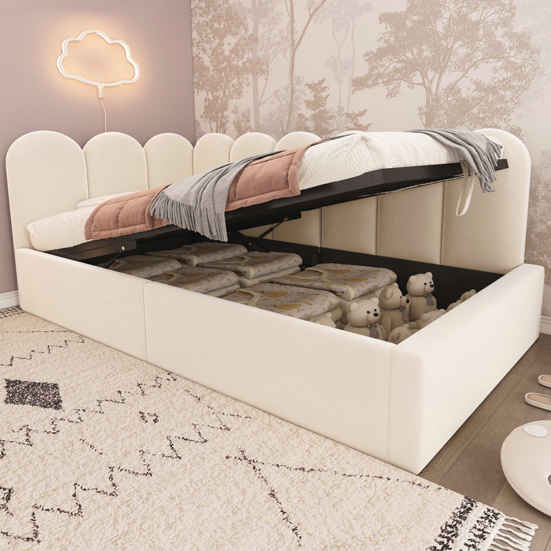 Lit de jour rembourré avec rangement, lit de jour avec cadre de rangement hydraulique, Beige