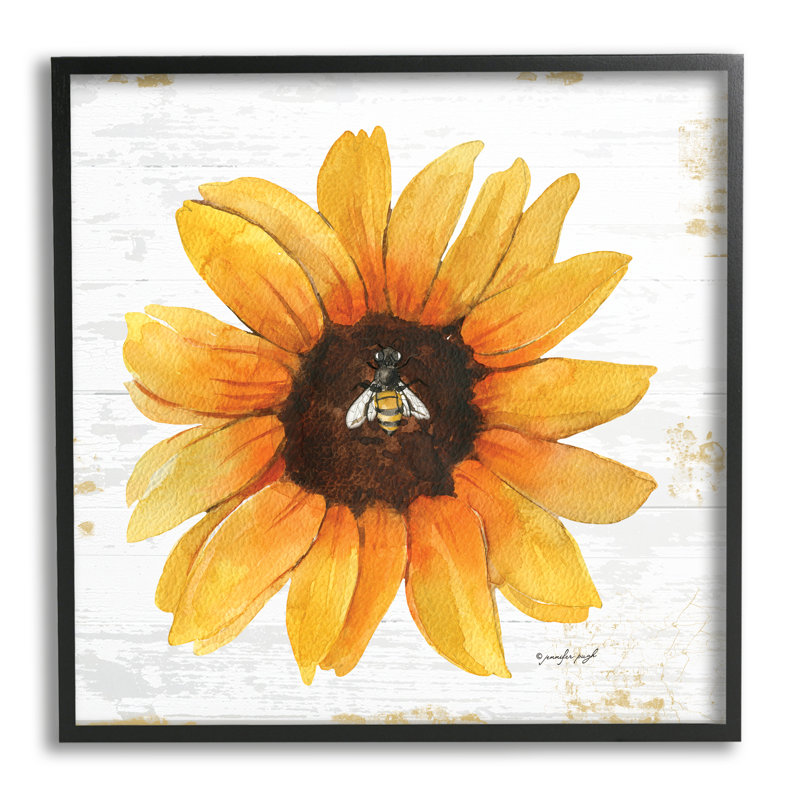 «Rustic Sunflower Petals Lone Bumble Bee Flower Design» par Jennifer Pugh - peinture à cadre flottant sur toile