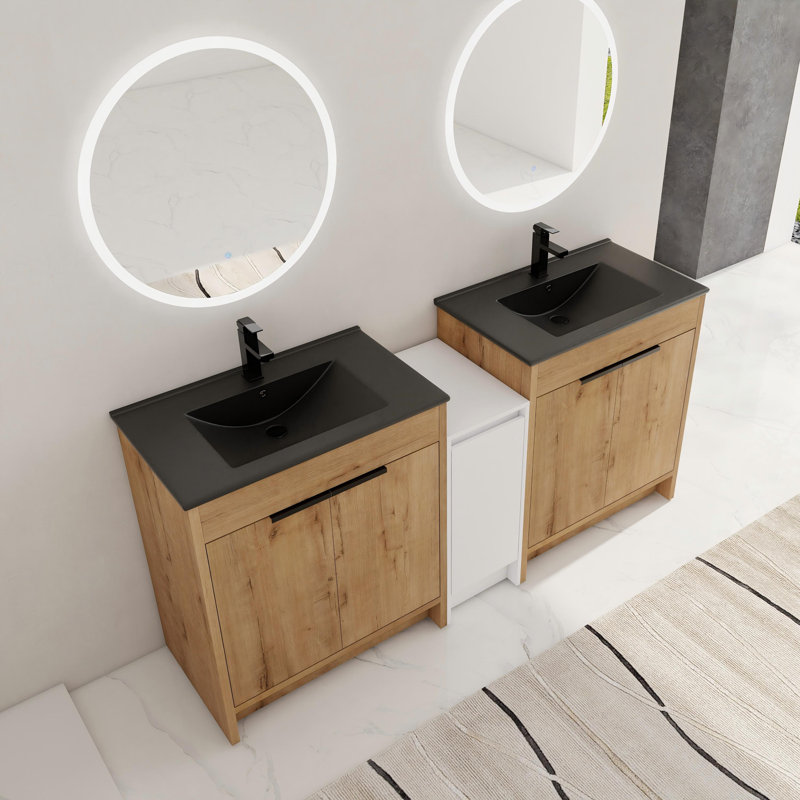 Meuble-lavabo double autoportant 72 po avec lavabo, finition chêne et armoire de rangement 72 po, Noir