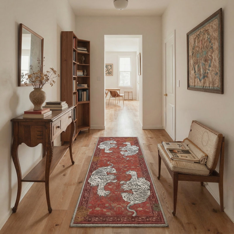 Tapis lavable à la machine avec envers antidérapant Teiarra, Red, Tapis de couloir de 2 pi x 7 pi