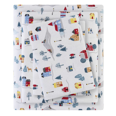 Twin Printed Sheet In 3 Pieces With Charming White Village Print, 100% Cotton Flannel For A Cozy And Soft Sleep, Range Of Print Designs, Includes Flat & Fitted Sheets 2 Pillowcases, Elasticized 12"