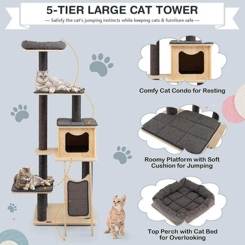 69" Tall Modern Wooden Cat Tree Tower with Sisal Posts