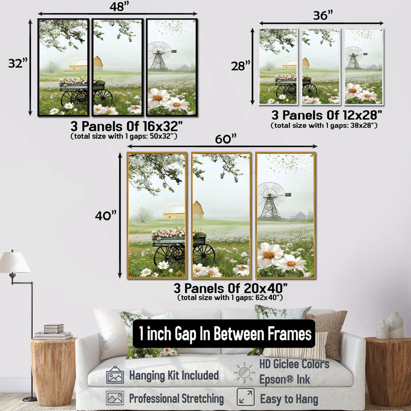 Paysage de ferme en fleurs dans des tons blancs et verts III - ensemble d'art mural de ferme, H 28 po x l 36 po x P 1 po