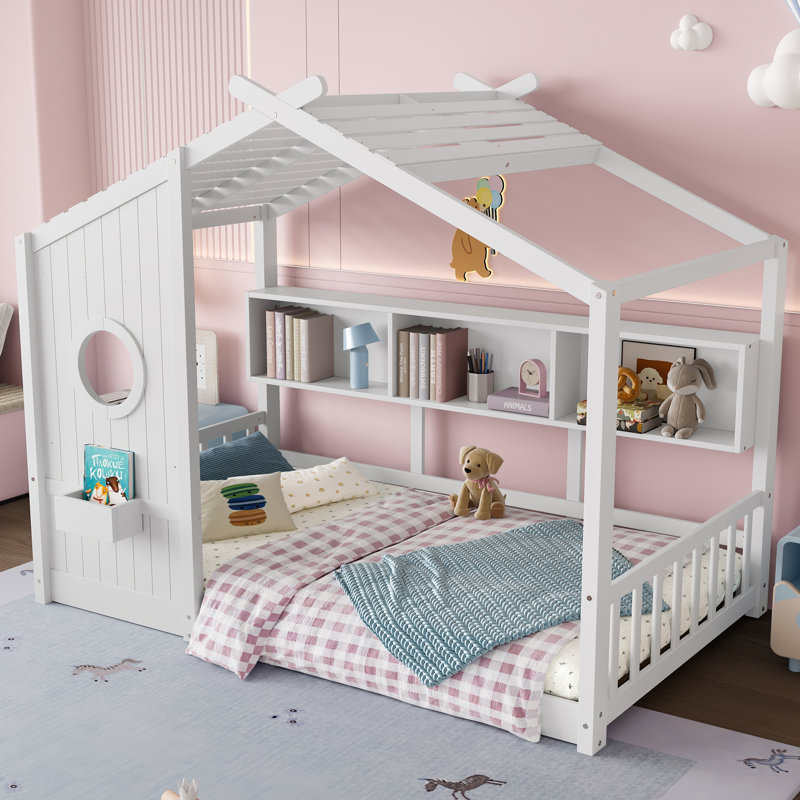 Fernith Enchanted Montessori Playhouse Bed with Pine and Storage Shelf, Twin, White