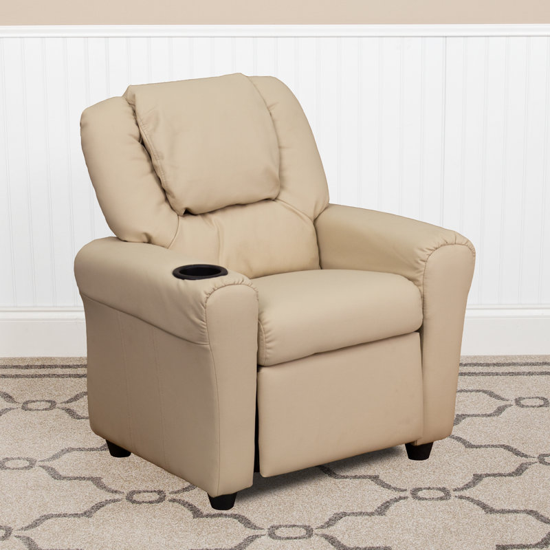 Contemporary Kids Recliner with Cup Holder and Headrest, Beige