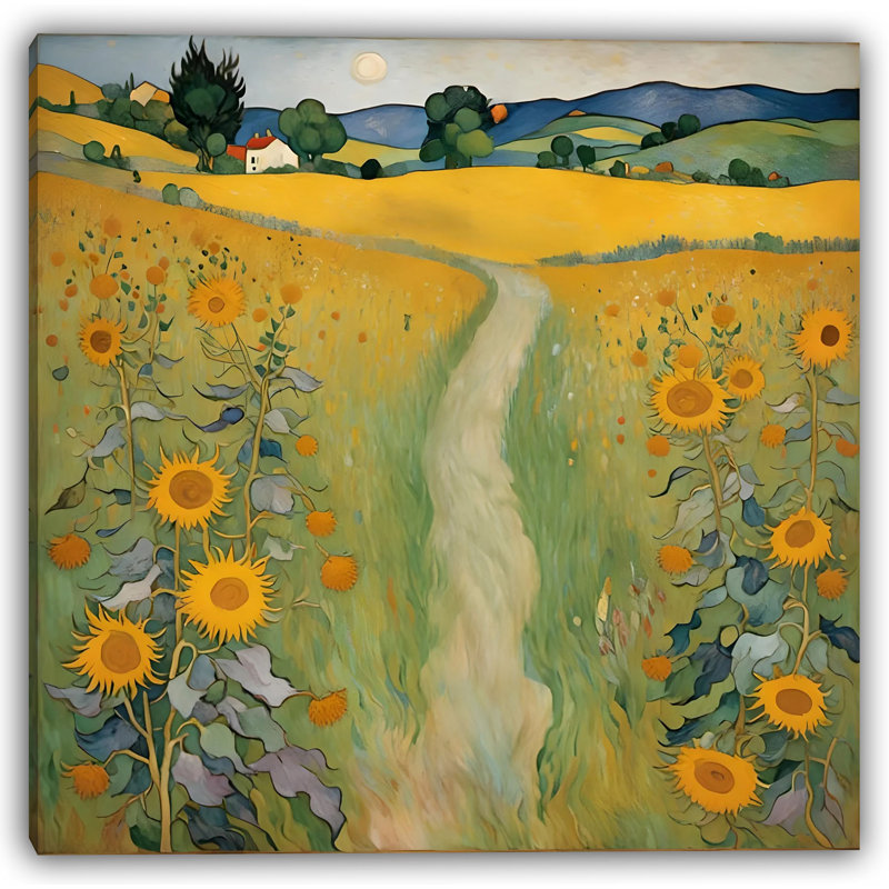 Golden Sunflower Path - Art mural sur toile tendue, H 12 po x l 12 po x P 1 po