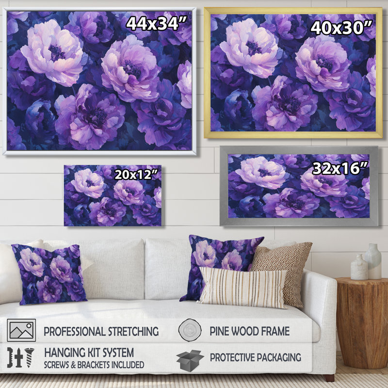 Pivoines mauves, danse de l'élégance II - pivoines, art mural, H 12 po x l 20 po, Cadre simple noir