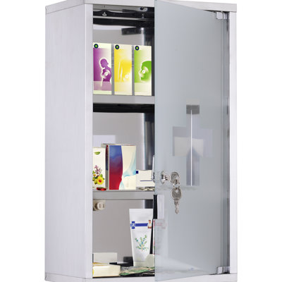 Locking Medicine Cabinet With Stainless Steel Body, 3 Tier Shelves, 12" X 20", Silver, For Bathroom Meds Box Steel, Handy