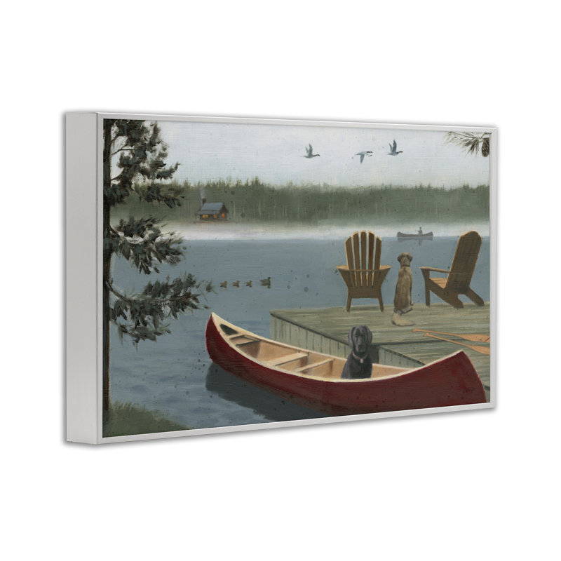 «Dogs on Lake Dock», art giclée par James Wiens, Estampe numérique encadrée blanc bord de mer, H 12 po x l 18 po