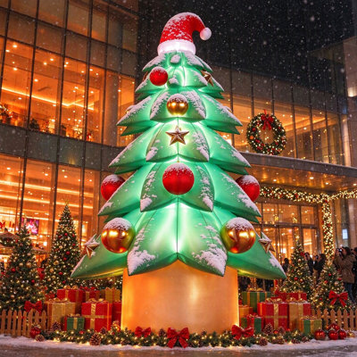 Sapin de Noël gonflable géant de 8 m (26 pieds), structure robuste en tissu 420D avec lumières DEL, souffleur, anneaux en D multicouches et piquets métalliques. Parfait pour les jardins, les centres commerciaux et les décorations de Noël commerciales.