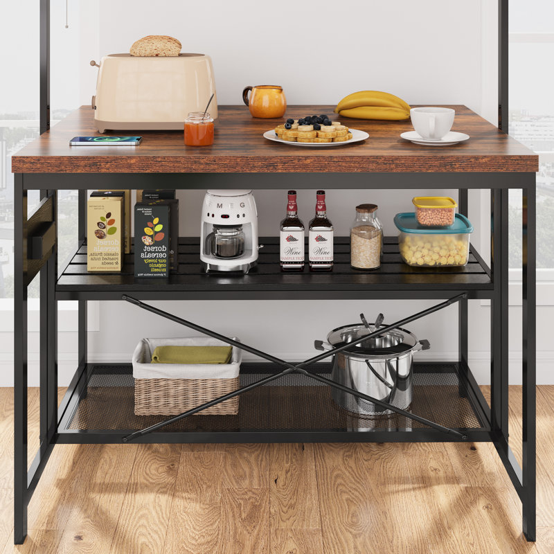 Kitchen Island - Mobile Bakers Rack with 3 Shelves, Microwave Stand & 5 Hooks, 400lb Capacity (Brown)